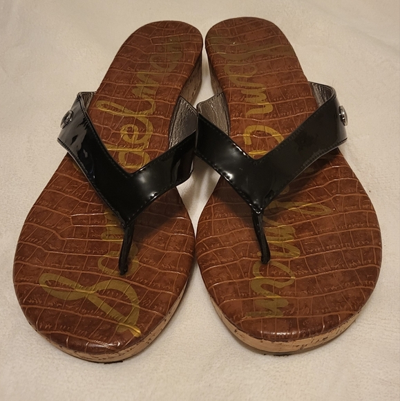 Sam Edelman Tanya Faux Patent Leather Cork Wedge Flip Flops Black, Size 7.5M - Picture 2 of 6